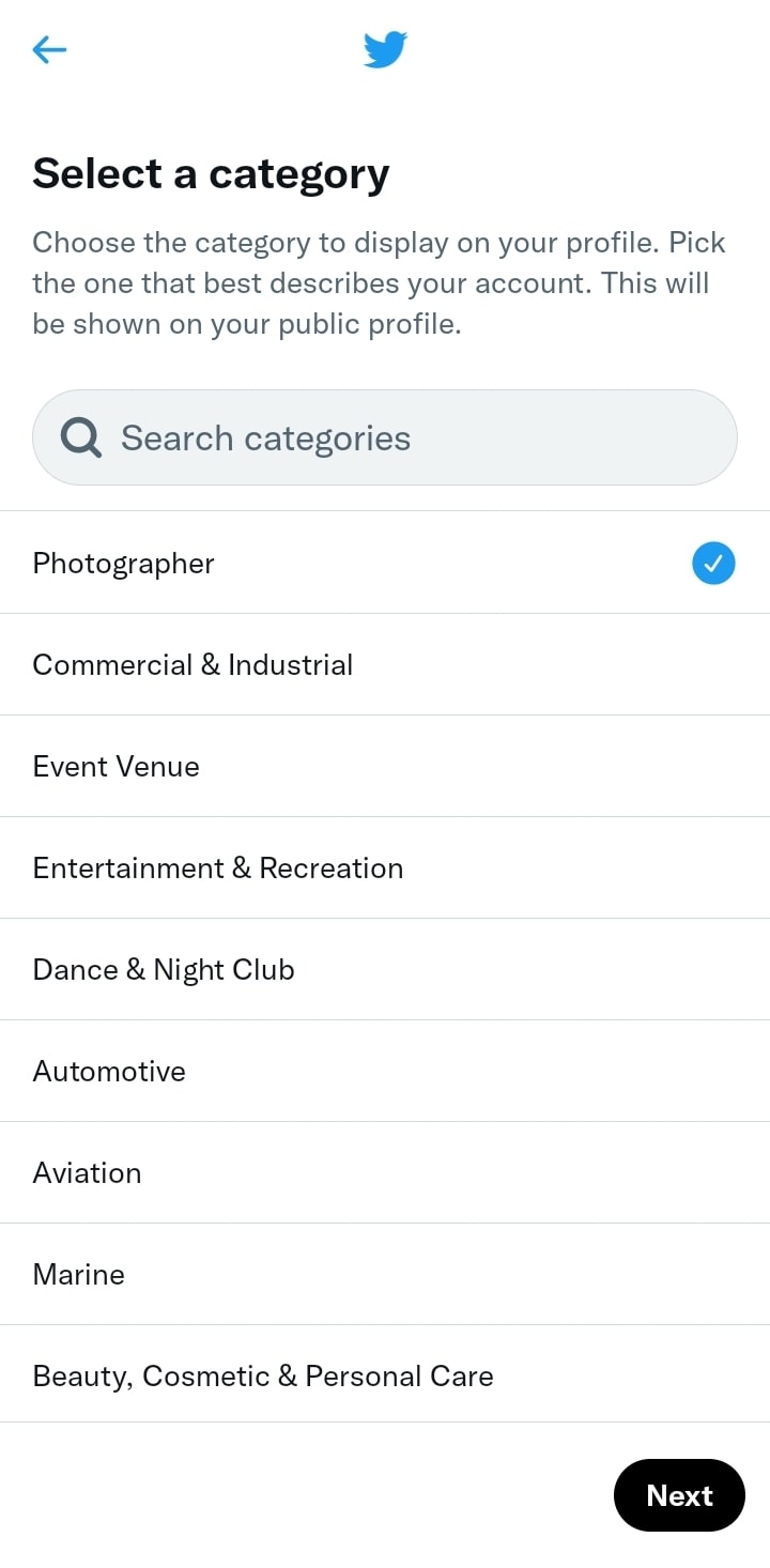 Twitter Mobile Select Category