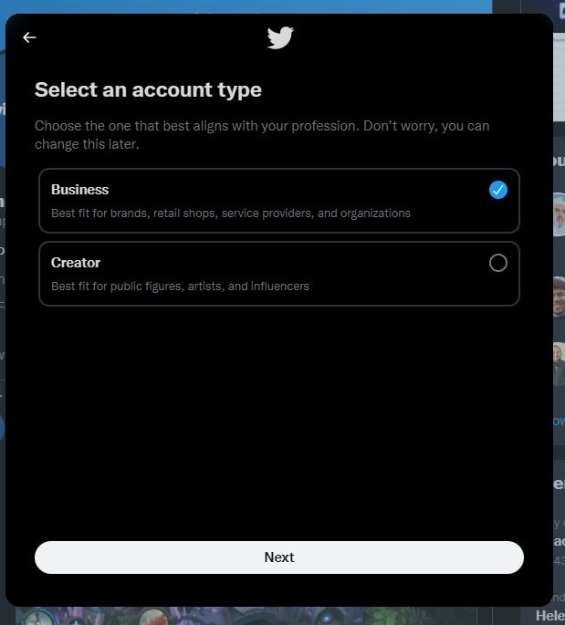 Twitter Web Select Account Type